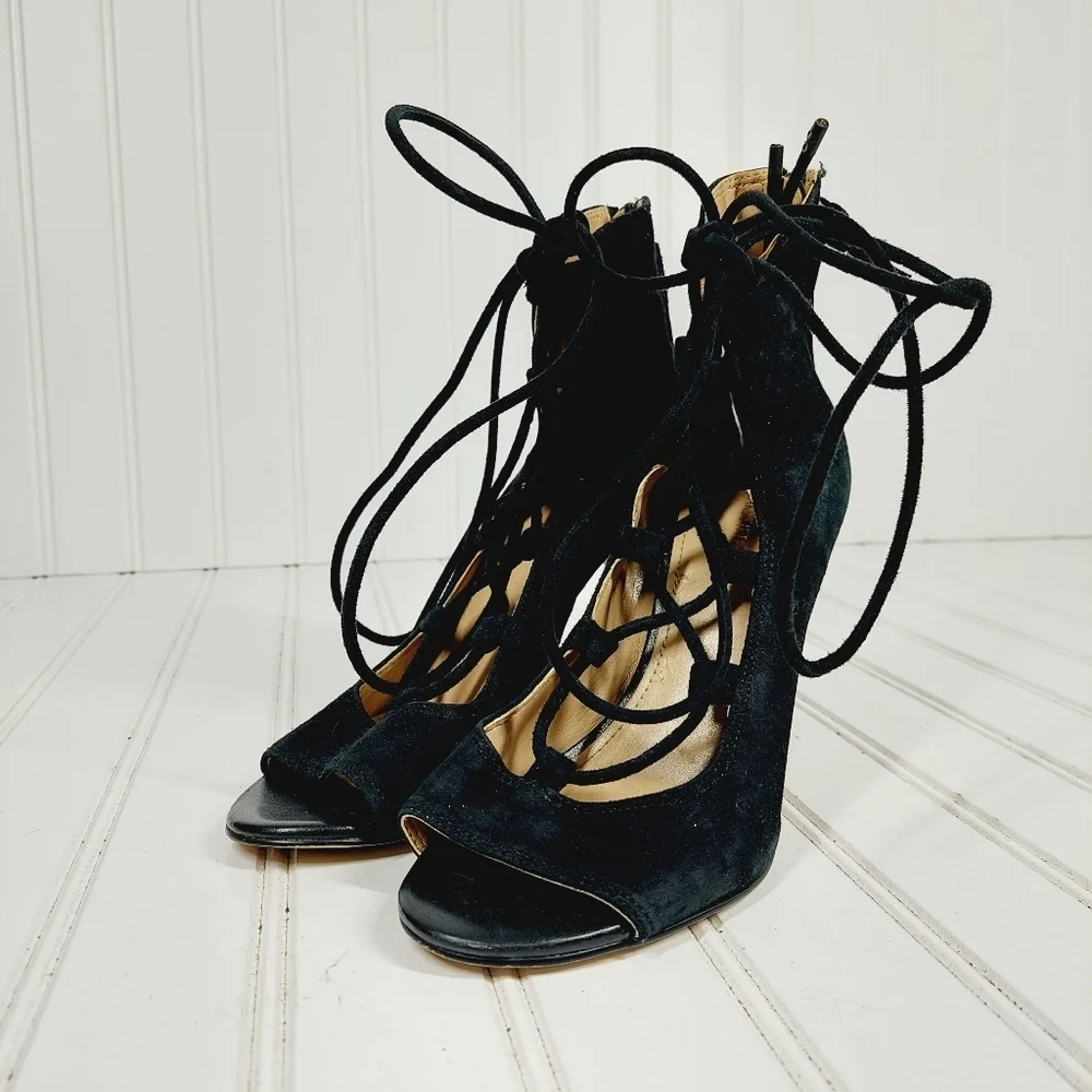 Saks Fifth Avenue Naylee Black Suede Tie Up Sandals Stiletto Heels I418
